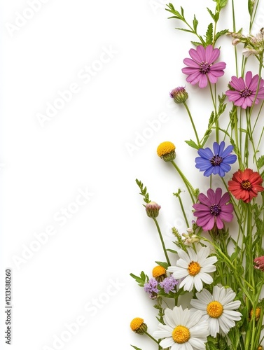 Vibrant Wildflower Border on White Background: A Cheerful Floral Arrangement