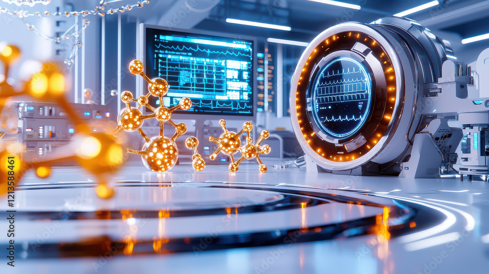 Fototapeta premium Futuristic medical research equipment with glowing molecular structures and advanced technology. scene conveys innovation and scientific exploration in high tech laboratory