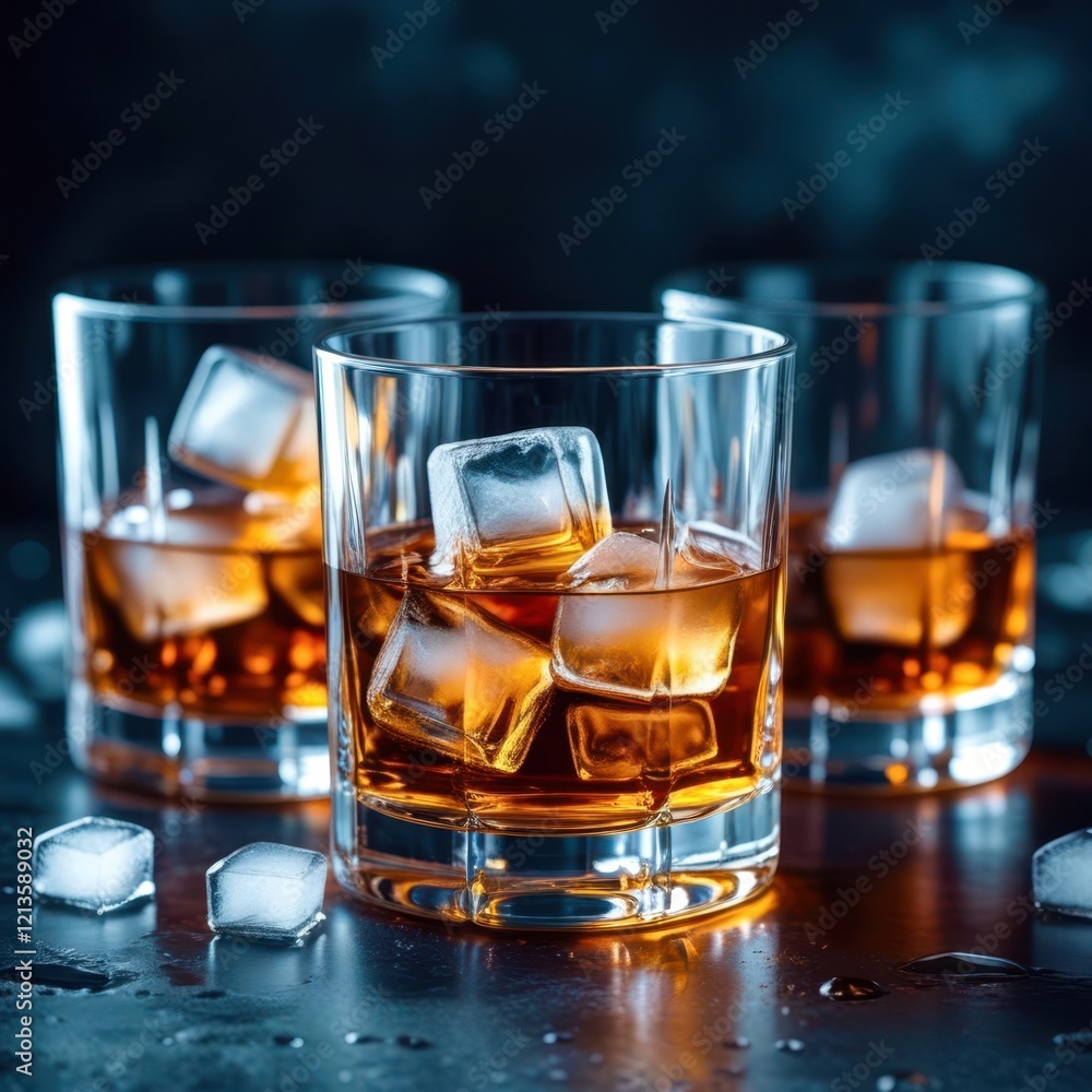 Three glasses of liquor with ice cubes in them Three glasses of liquor with ice cubes in them