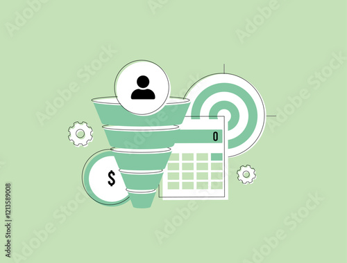 Cost per lead - sales funnel, target, dollar sign, and calculator. Digital marketing, lead generation metrics, online advertising costs and ROI analysis visuals isolated vector illustration