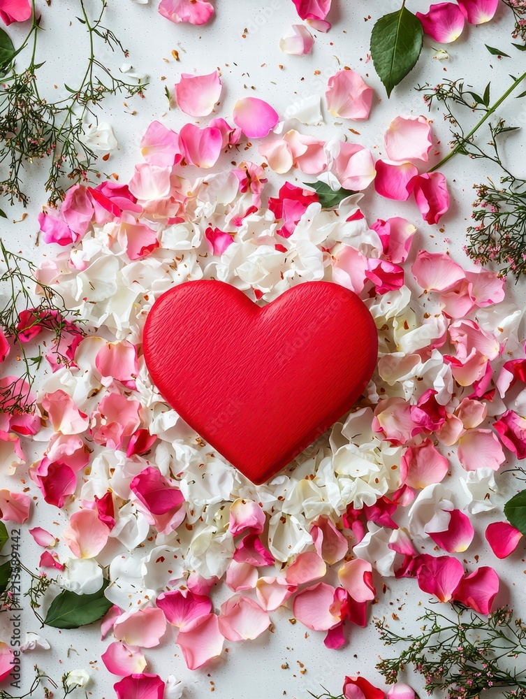 Red Heart in Rose Petals: A vibrant red heart rests gently in a bed of scattered pink and white rose petals, creating a romantic and delicate composition perfect for Valentine's Day. Red Heart in Rose Petals: A vibrant red heart rests gently in a bed of scattered pink and white rose petals, creating a romantic and delicate composition perfect for Valentine's Day.