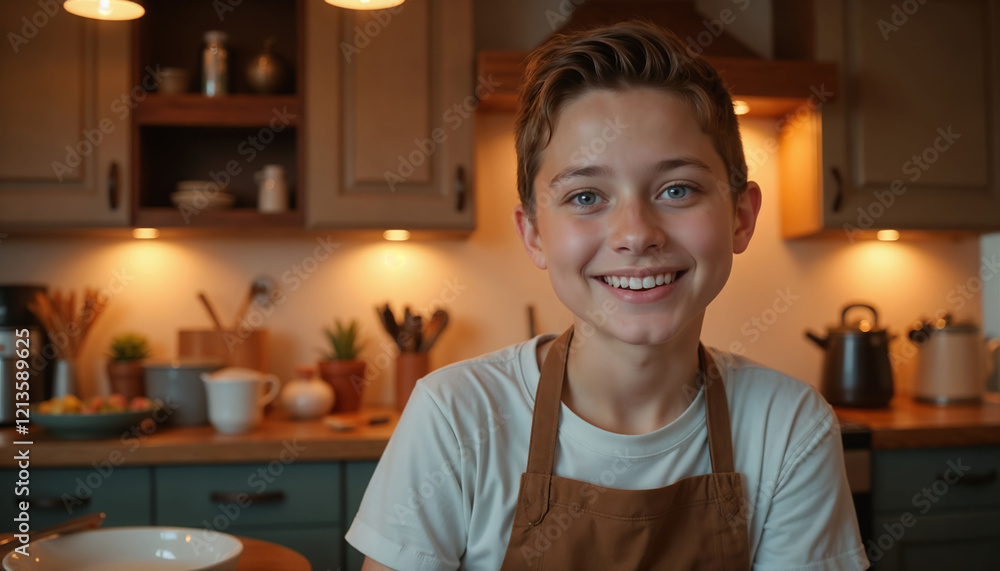 Smiling boy in kitchen with plate and utensils, preparing food.Children's cooking concept. Ideal for family and educational resources.Innocence. Joy. Nurturing curiosity in the kitchen. Child Prepa
Smiling boy in kitchen with plate and utensils, preparing food.Children's cooking concept. Ideal for family and educational resources.Innocence. Joy. Nurturing curiosity in the kitchen. Child Prepa