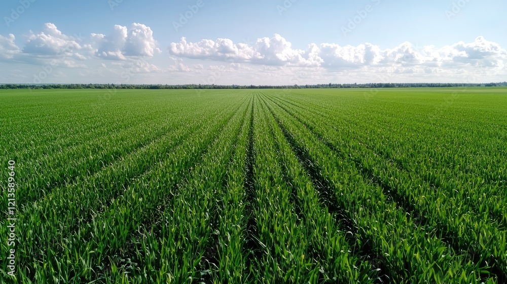 Aerial view of vibrant green cornfield under a partly cloudy sky. Agricultural landscape, farming Aerial view of vibrant green cornfield under a partly cloudy sky. Agricultural landscape, farming