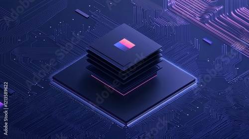 Abstract digital chip layers on circuit board.