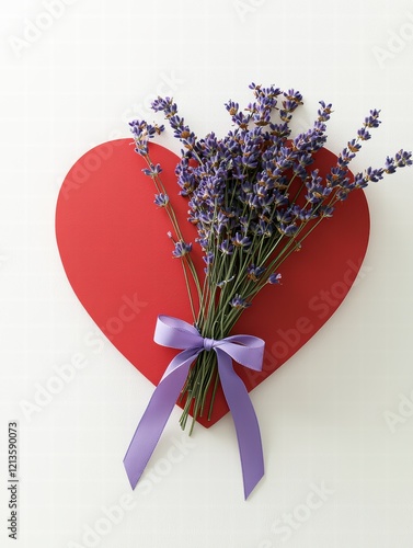 A Floral Heart's Embrace: A heartfelt composition featuring a crimson paper heart adorned with a lavender bouquet tied with a matching ribbon, symbolizing affection and care.  photo