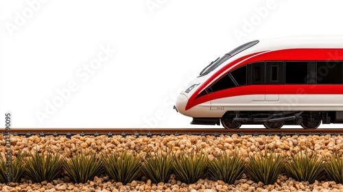 Sleek High-Speed Train Model on Miniature Landscape, Isolated on White