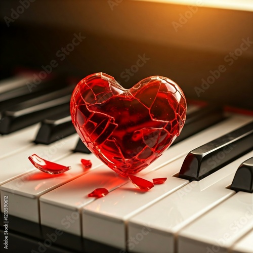 Broken red glass heart on piano keys