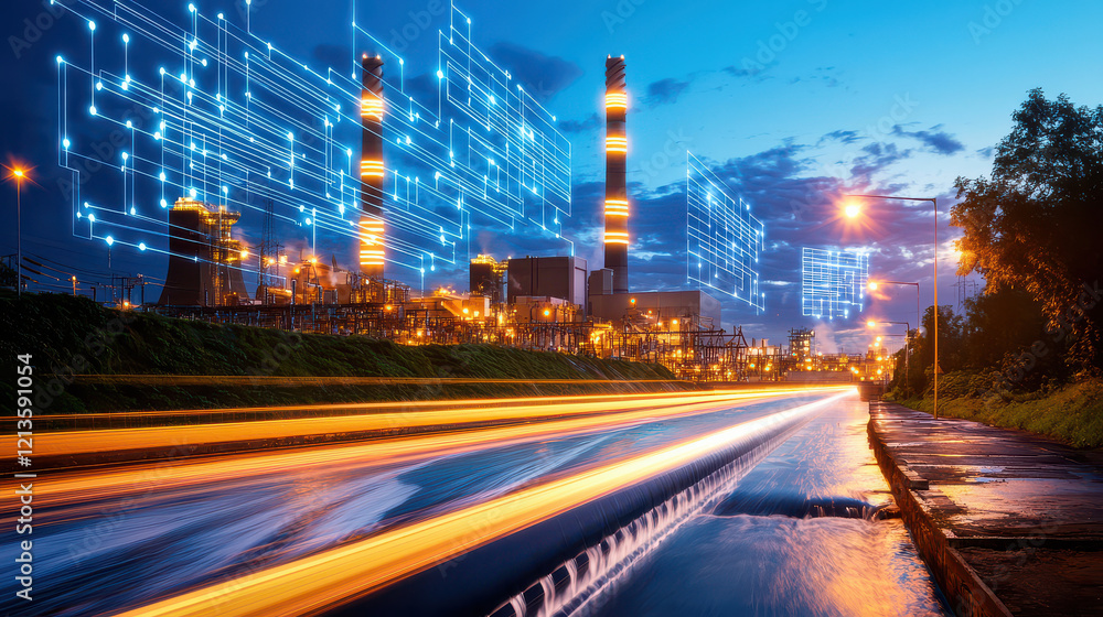Fototapeta premium cinematic landscape of hydroelectric facility at dusk, showcasing illuminated structures and flowing water, with digital overlays representing technology and innovation