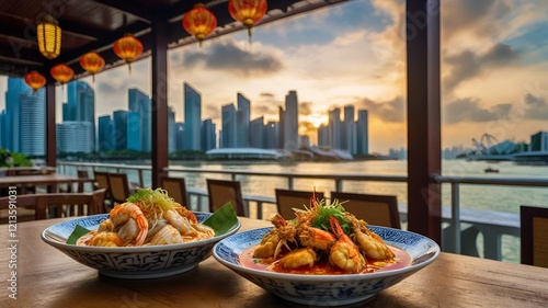 Singapore food, Hainanese Chicken Rice, Laksa, Chili Crab, Satay, traditional Singaporean dishes, Singapore cuisine, Singapore landmarks, Marina Bay Sands, Merlion, Singapore architecture, Peranakan t photo