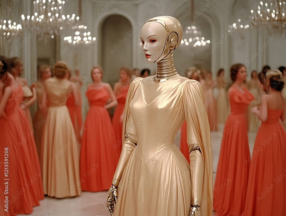 Naklejka premium Gold robot woman in elegant dress amidst women in coral gowns at a ballroom.