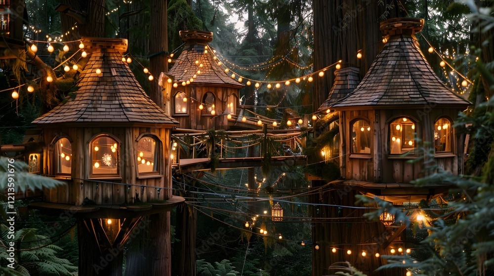 Fototapeta premium Illustration of A whimsical treehouse village, where models in eco-friendly clothing made from bamboo and hemp fabrics move gracefully through the treetops, surrounded by twinkling fairy lights.