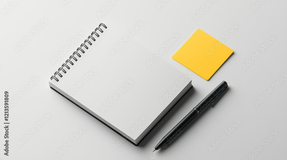 clean and minimalistic workspace featuring blank notebook, pen, and yellow sticky note, perfect for brainstorming ideas or taking notes clean and minimalistic workspace featuring blank notebook, pen, and yellow sticky note, perfect for brainstorming ideas or taking notes