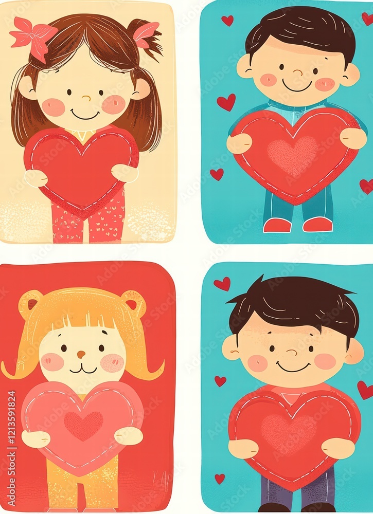 Cute Kids with Hearts: Four adorable cartoon children, two girls and two boys, each holding a big red heart. Perfect for Valentine's Day, friendship, or love-themed projects. Cute Kids with Hearts: Four adorable cartoon children, two girls and two boys, each holding a big red heart. Perfect for Valentine's Day, friendship, or love-themed projects.
