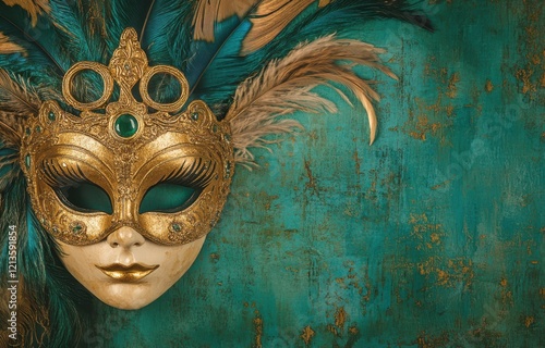 Ornate Purple and Teal Carnival Mask Against a Teal Background photo