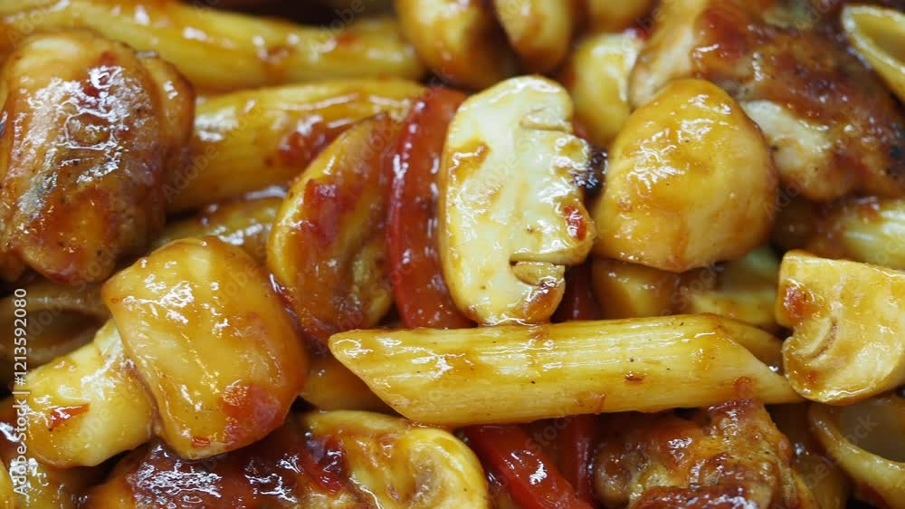 Penna pasta with chicken, mushrooms, and peppers Penna pasta with chicken, mushrooms, and peppers