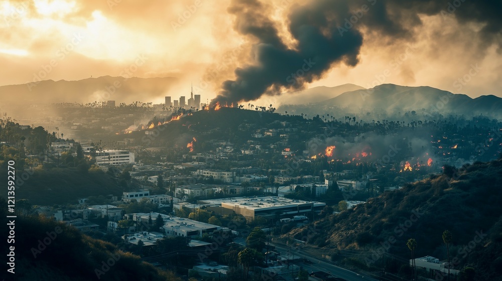 Obraz premium A photograph of the Hollywood Hills with smoke from the Los Angeles fire in the background