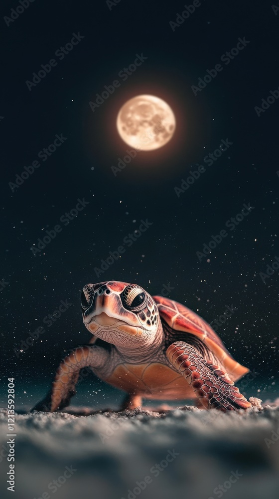 A Majestic Sea Turtle Navigating Under a Bright Moonlit Sky, Capturing the Essence of Ocean Life and Conservation in a Serene Night Setting A Majestic Sea Turtle Navigating Under a Bright Moonlit Sky, Capturing the Essence of Ocean Life and Conservation in a Serene Night Setting