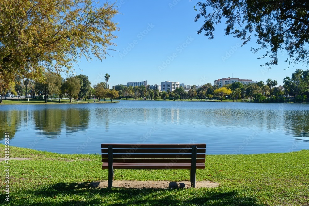 Peaceful park bench by lake, city skyline, sunny day, relaxation Peaceful park bench by lake, city skyline, sunny day, relaxation