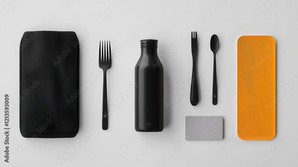 clean and simple arrangement of daily necessities including black bottle, utensils, and sponge, showcasing minimalism and functionality clean and simple arrangement of daily necessities including black bottle, utensils, and sponge, showcasing minimalism and functionality
