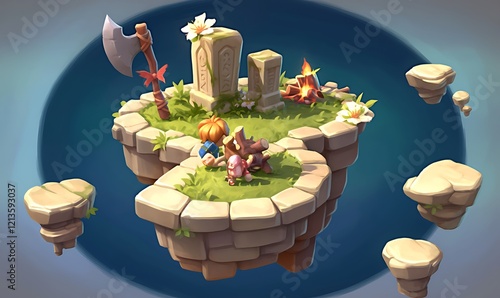 Boy and creature at gravesite on floating island.