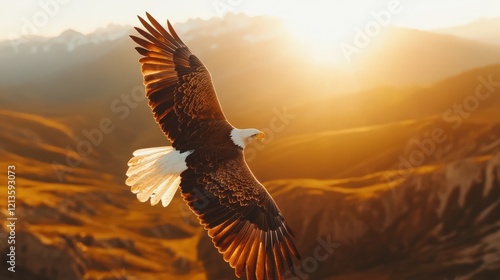 Majestic Bald Eagle Gliding Above a Serene Mountain Landscape at Sunrise, Capturing Nature’s Splendor in Vibrant Colors