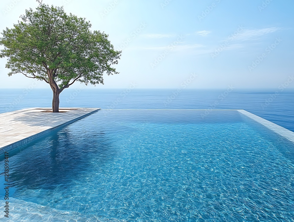 Obraz premium Infinity pool overlooking ocean with tree.