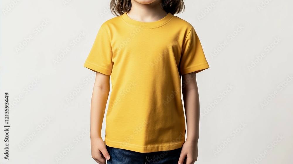 A mockup of a happy, child wearing a yellow t-shirt, standing in a front view against a white background, full body view, for stock photo use A mockup of a happy, child wearing a yellow t-shirt, standing in a front view against a white background, full body view, for stock photo use