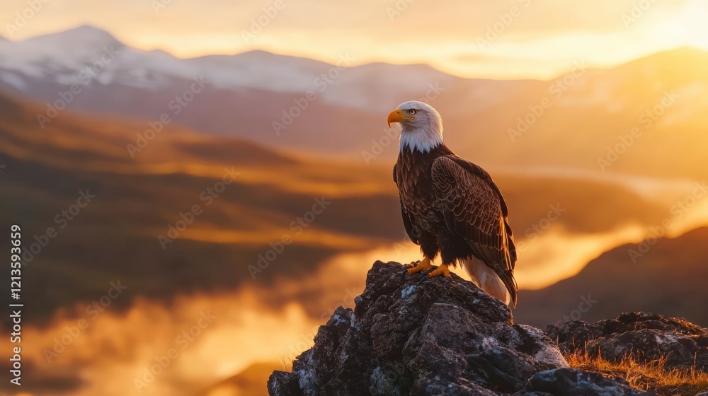 Fototapeta premium Majestic Bald Eagle Perched on Rocky Outcrop Against Golden Sunrise Over Misty Valley Landscape in Beautiful Nature Scenery