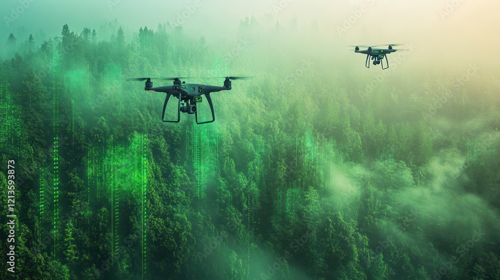 Fototapeta premium Drones surveying misty forest, data overlay