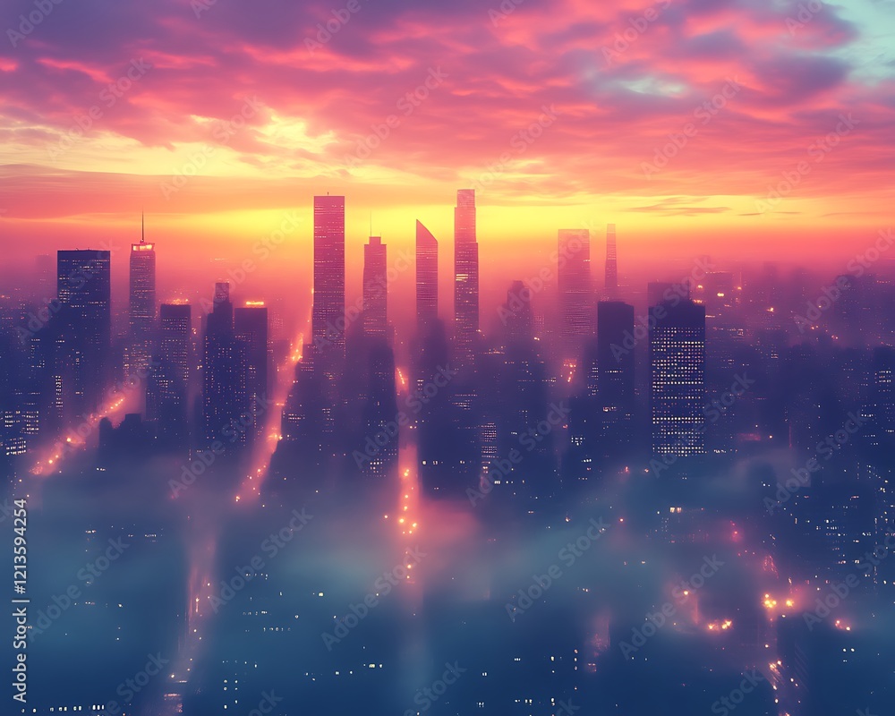 Foggy city skyline at sunset. Foggy city skyline at sunset.