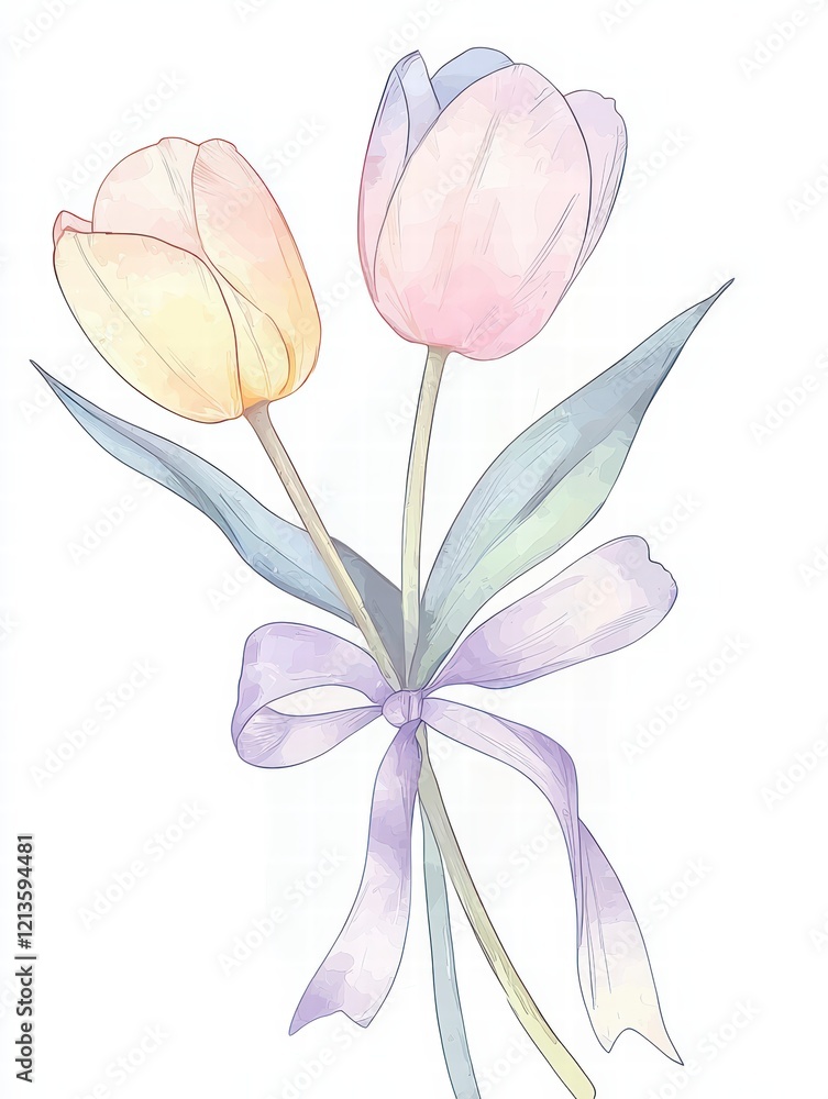 Naklejka premium Delicate Duet: Two pastel tulips, one pale yellow and one soft pink, bloom together, tied with a delicate lavender ribbon.