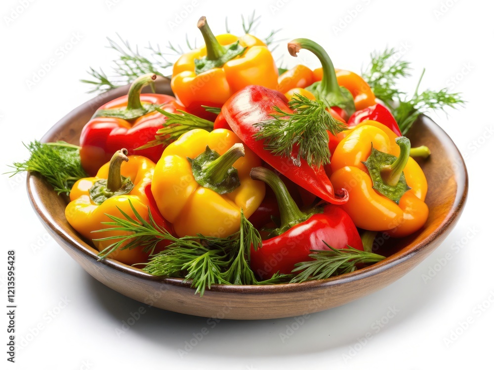 Low Light Bulgarian Sweet Pepper Dill Dish Photography - Isolated White Background Food Photo Low Light Bulgarian Sweet Pepper Dill Dish Photography - Isolated White Background Food Photo