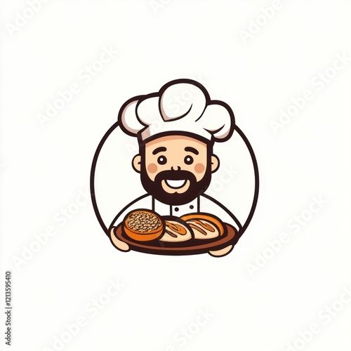 Cartoon chef holding bakery goods. Illustration for food delivery app photo