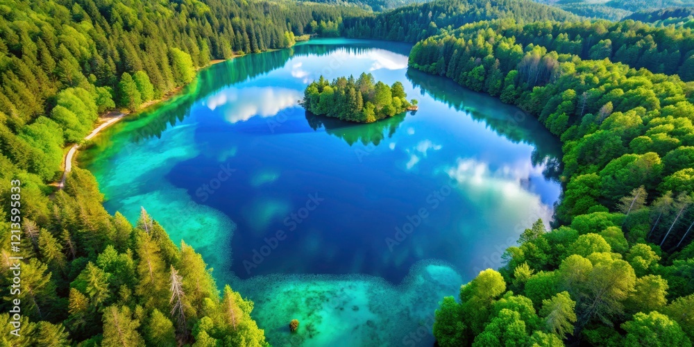 Naklejka premium Stunning Aerial Drone Lake Photo: Top View, Rule of Thirds, Crystal Clear Water, Peaceful Nature