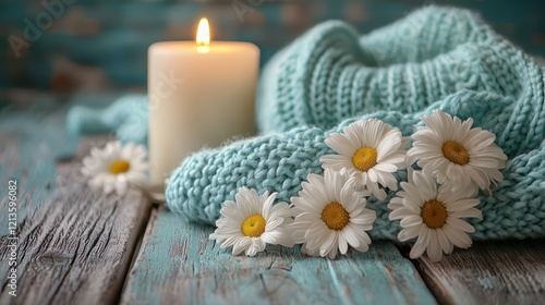 A cozy scene featuring a knitted blanket, a candle, and daisies, evoking warmth and tranquility.
