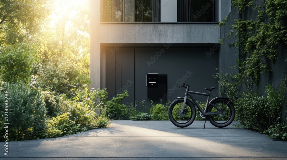Modern e-bike charging, home driveway, sunset, greenery