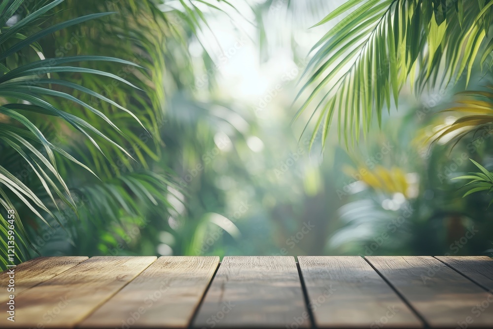Tropical jungle wood table, sunlit background, product display Tropical jungle wood table, sunlit background, product display