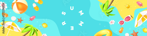 Summer web banner tropical beach vibes yellow background with beach decoration