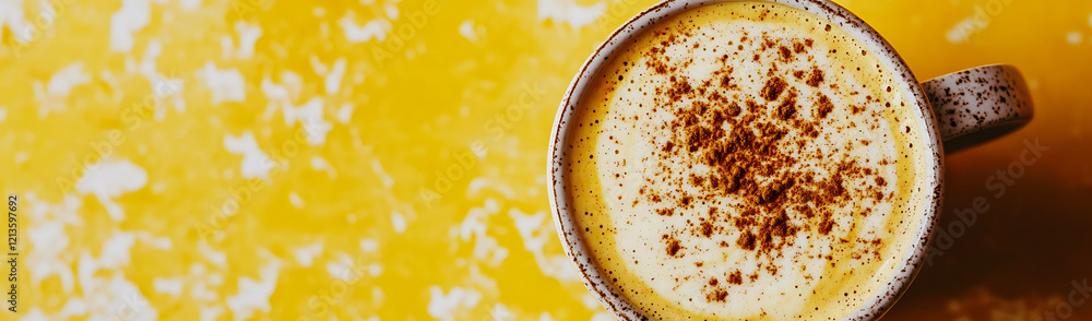 Golden Turmeric Latte in a Ceramic Mug on Yellow Background Golden Turmeric Latte in a Ceramic Mug on Yellow Background