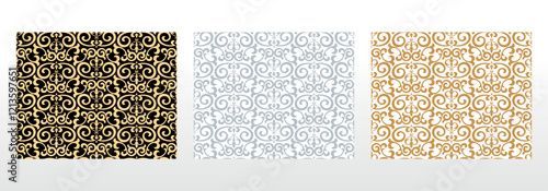 Wallpapers in the style of Baroque. Seamless vector backgrounds. Set of colored floral ornaments. Graphic patterns for fabric, wallpaper, packaging. Ornate Damask flower ornaments