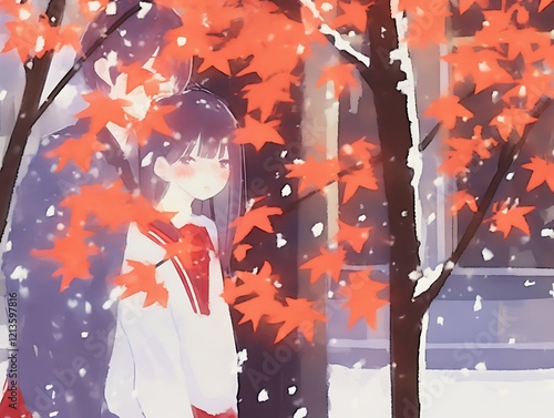 Anime couple in snowy winter, red leaves.