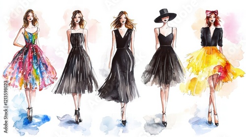 Fashion Show Sketch: Five stylish Black Dresses watercolor fashion sketches showcase diverse summer clothing styles for women.