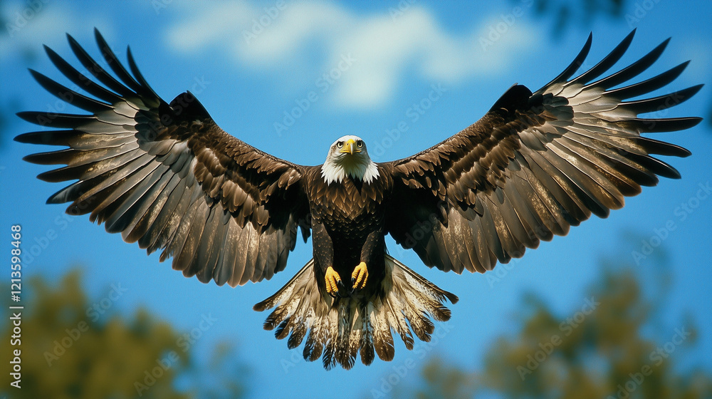 Obraz premium Bald eagle with spread wings against a blue sky