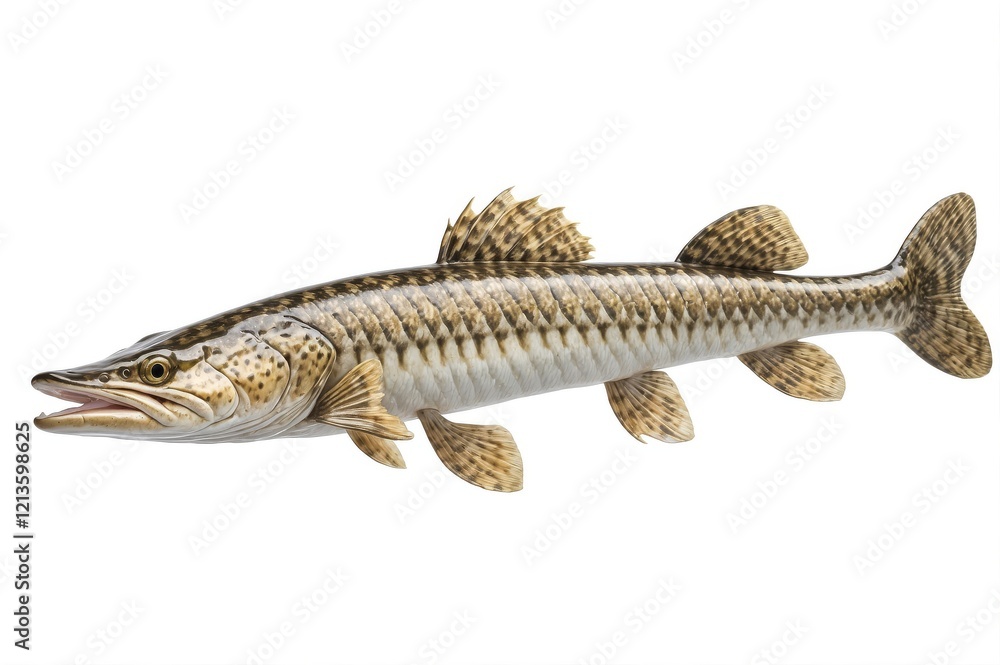 A detailed close-up studio shot of a northern pike fish isolated on white background. A detailed close-up studio shot of a northern pike fish isolated on white background.