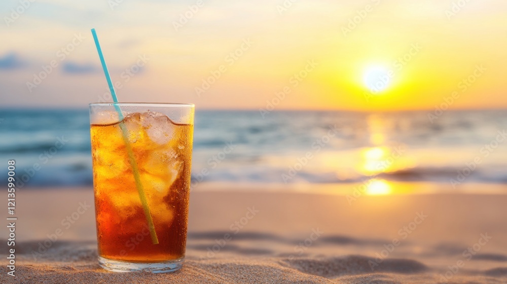 A refreshing iced tea cocktail sits on the warm sand as the sun sets over the ocean, creating a stunning bokeh effect in the background A refreshing iced tea cocktail sits on the warm sand as the sun sets over the ocean, creating a stunning bokeh effect in the background
