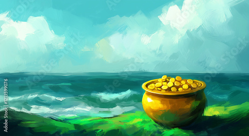 pot of gold st patrick day background with shamrock leave and green clover