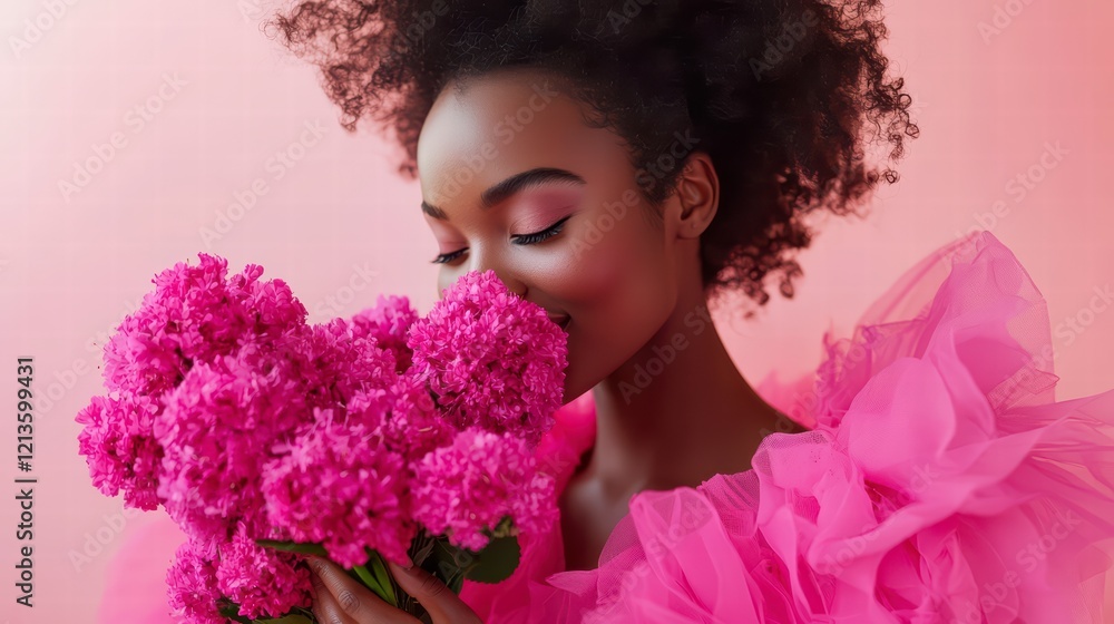International Women's Day. Extremely happy woman in a bright pink dress is smelling a bunch of spring flowers International Women's Day. Extremely happy woman in a bright pink dress is smelling a bunch of spring flowers