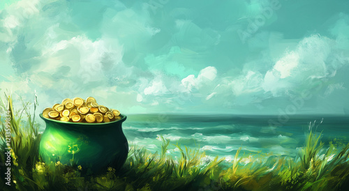 pot of gold st patrick day background with shamrock leave and green clover