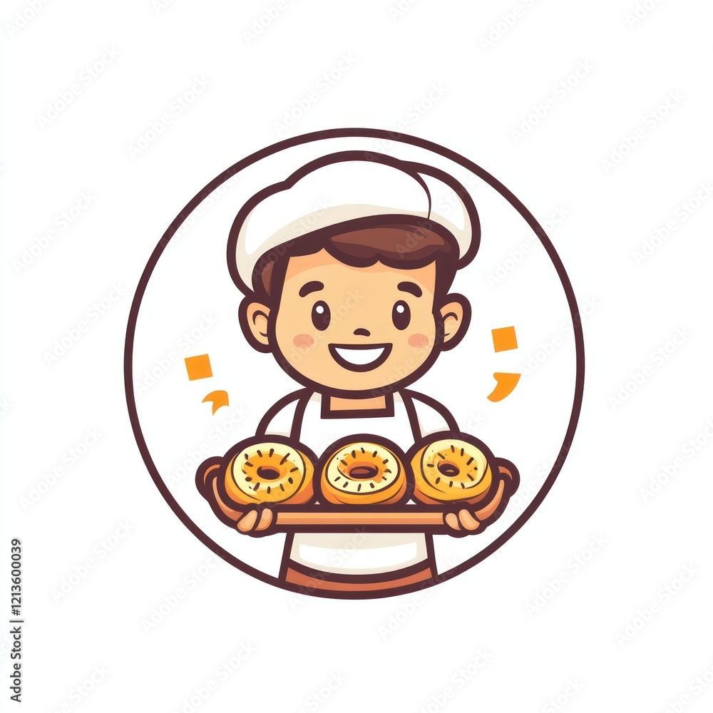 Cartoon baker holding pastries, illustration Cartoon baker holding pastries, illustration