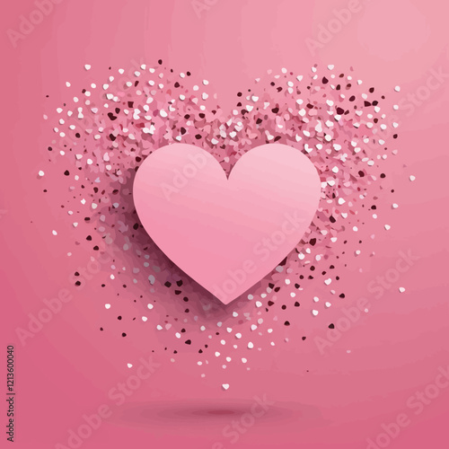 Layered heart mosaic pattern forming large romantic symbol on soft pink gradient background. Multiple messy paper cut love shapes for Valentine's Day celebration design. Romantic wedding poster.